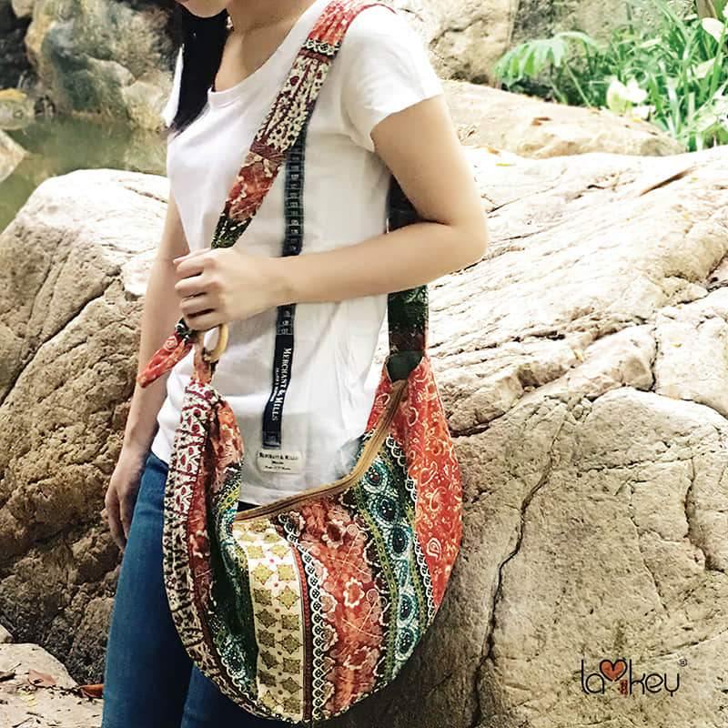 Adjustable satchel in printed linen cotton bag  | IFAUN