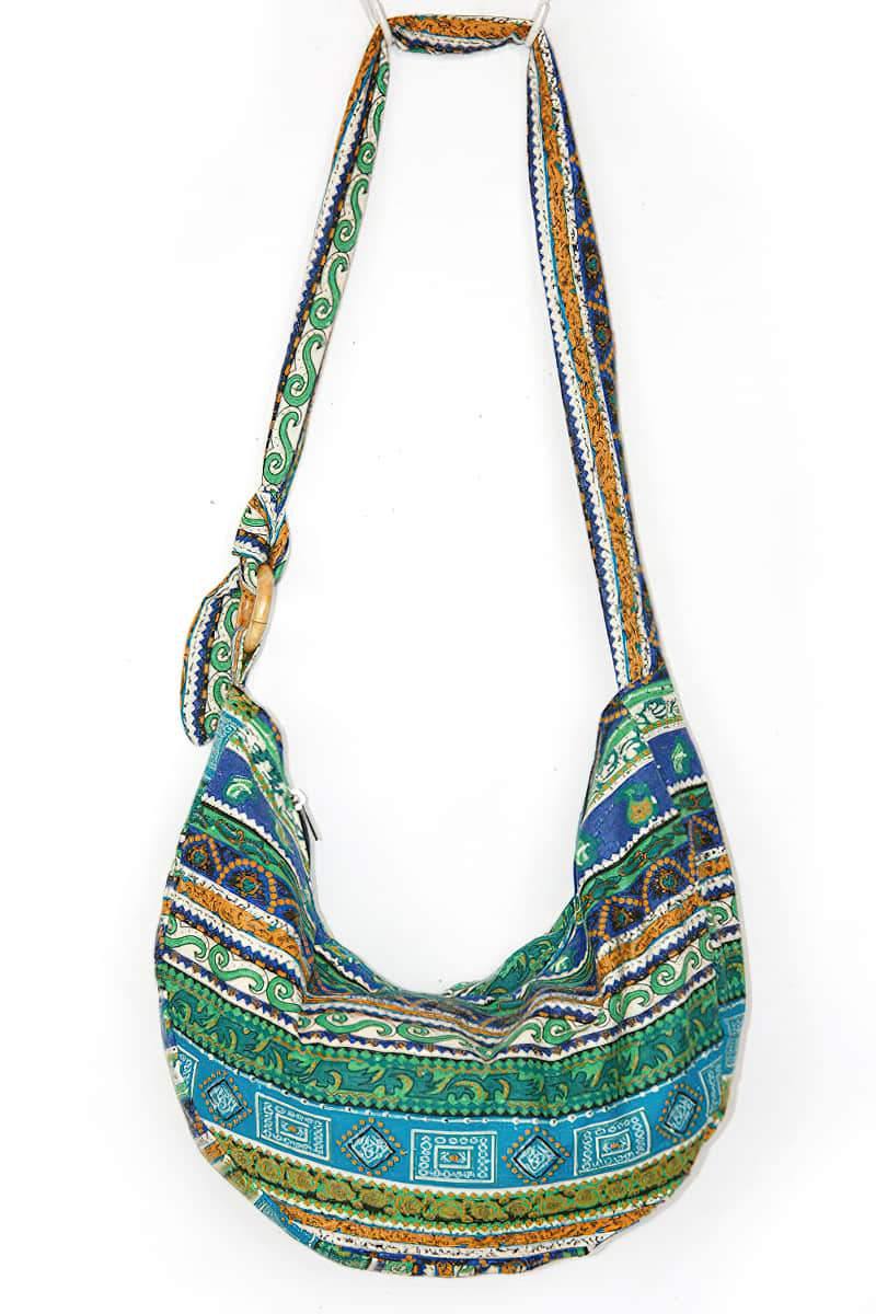 Adjustable satchel in printed linen cotton bag Green | IFAUN