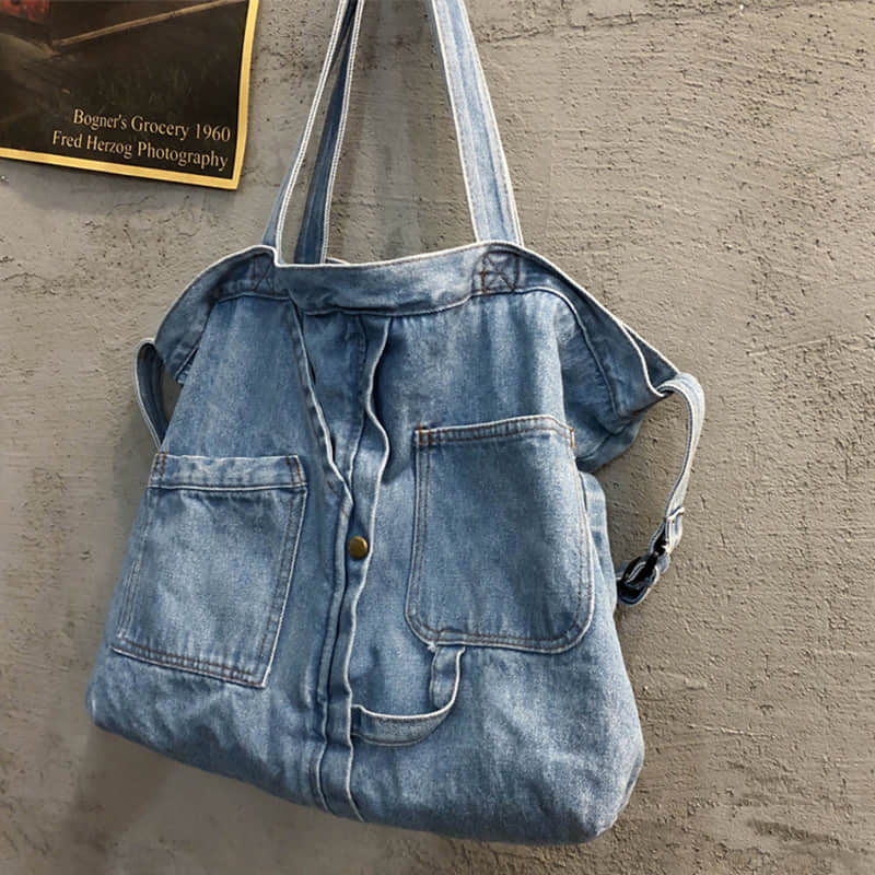 Stitching washed denim bag Blue | IFAUN