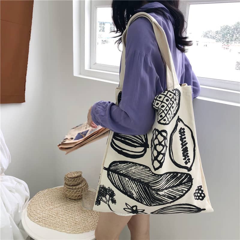 New leaf print thick canvas handbag simple shoulder bag  | IFAUN