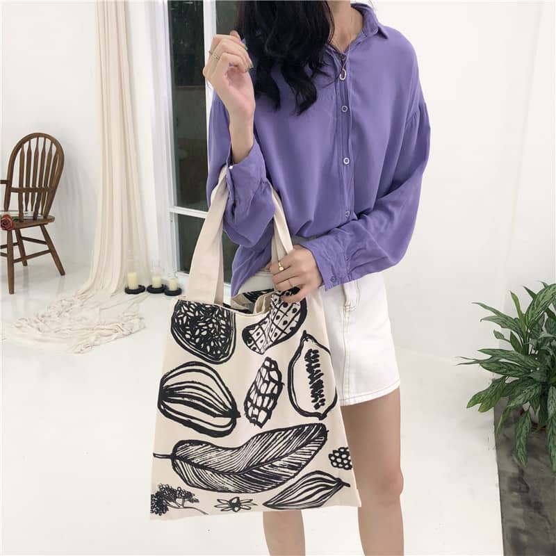 New leaf print thick canvas handbag simple shoulder bag  | IFAUN