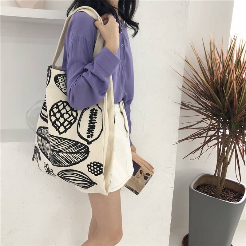 New leaf print thick canvas handbag simple shoulder bag  | IFAUN