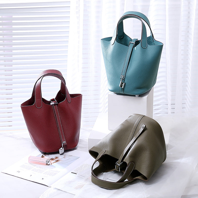 Lychee pattern top layer cowhide bucket bag