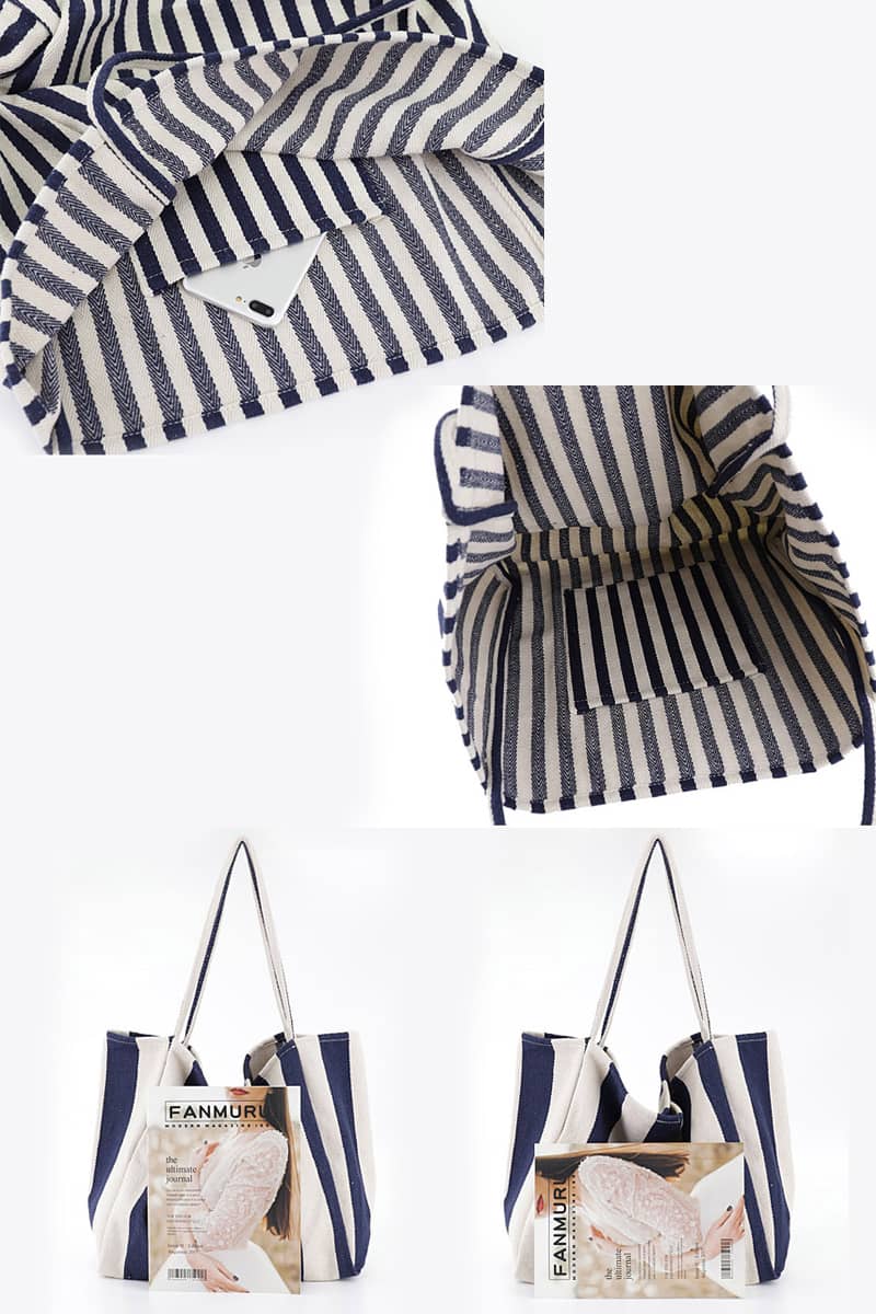 Striped canvas tote large capacity shoulder bag