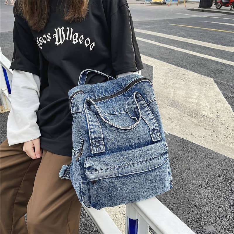 Washed denim bag large capacity shoulder backpack