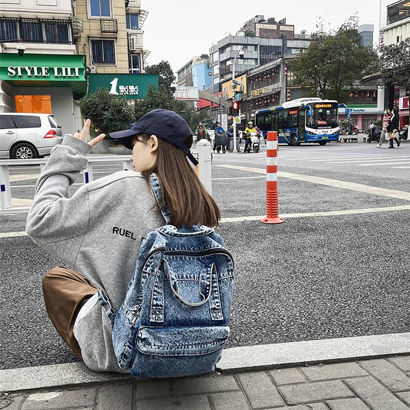 Washed denim bag large capacity shoulder backpack