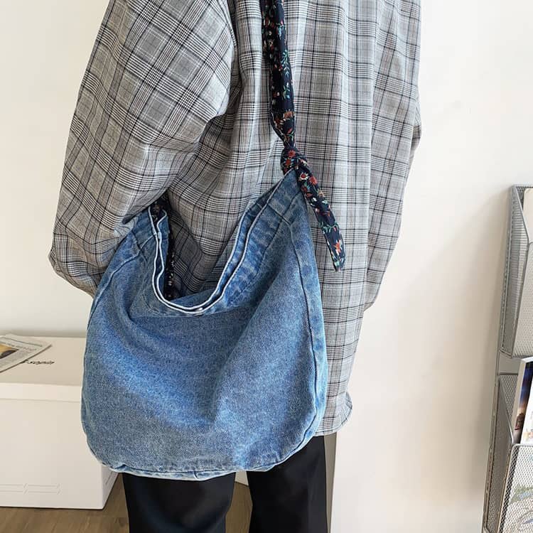 Floral Strap Denim Crossbody Bag