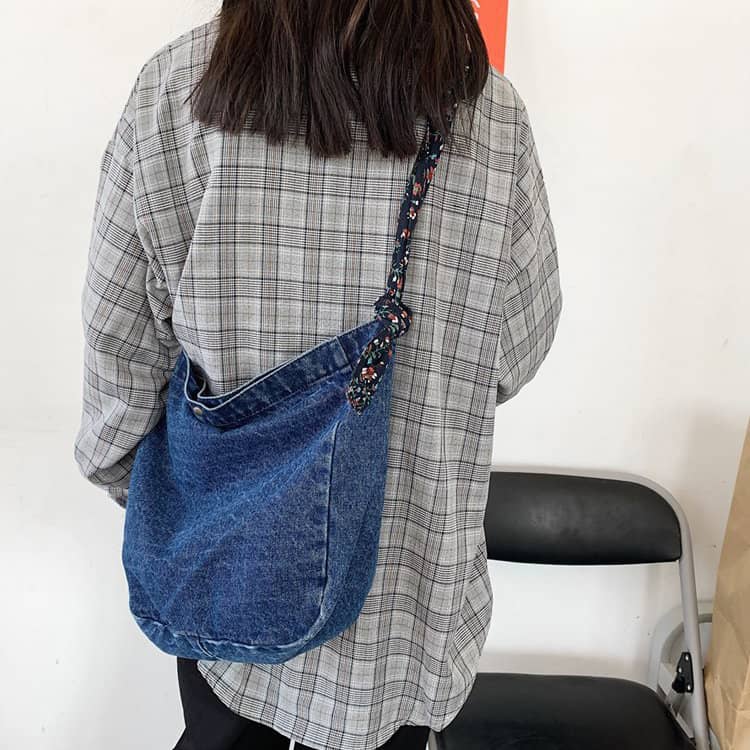 Floral Strap Denim Crossbody Bag