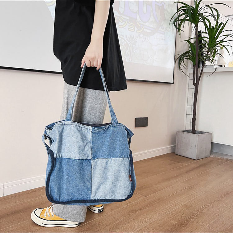 Paneled color contrast denim bag