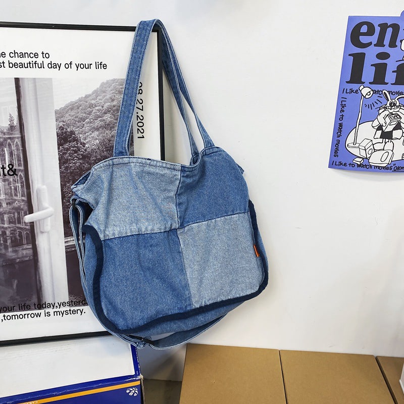 Paneled color contrast denim bag