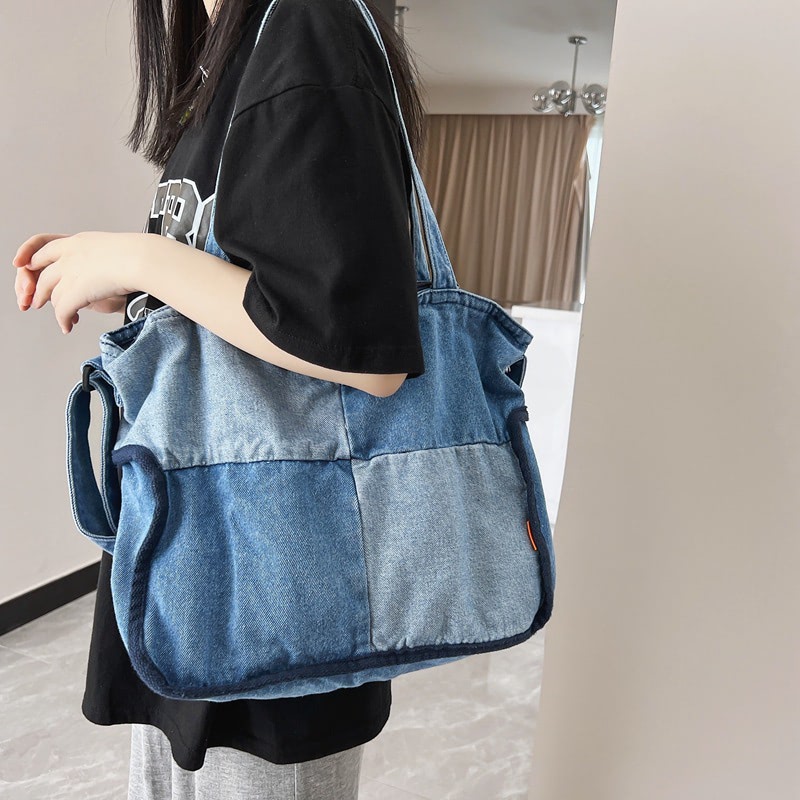 Paneled color contrast denim bag