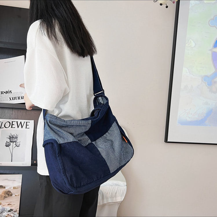 Paneled color contrast denim bag