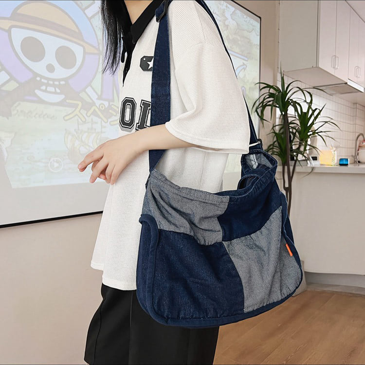 Paneled color contrast denim bag