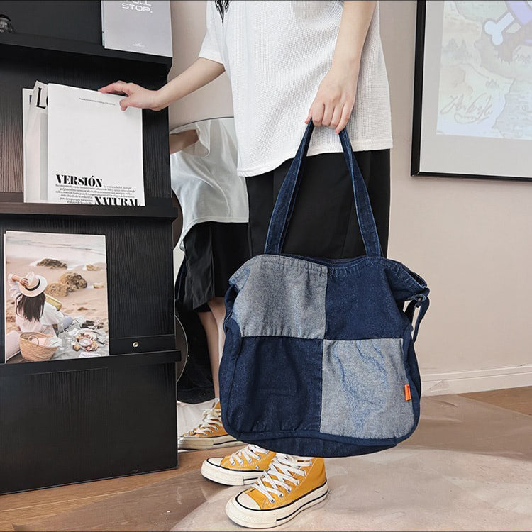 Paneled color contrast denim bag