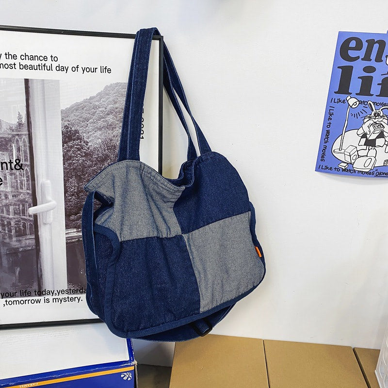 Paneled color contrast denim bag