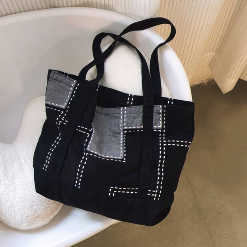 Hand-stitched square wash denim tote bag