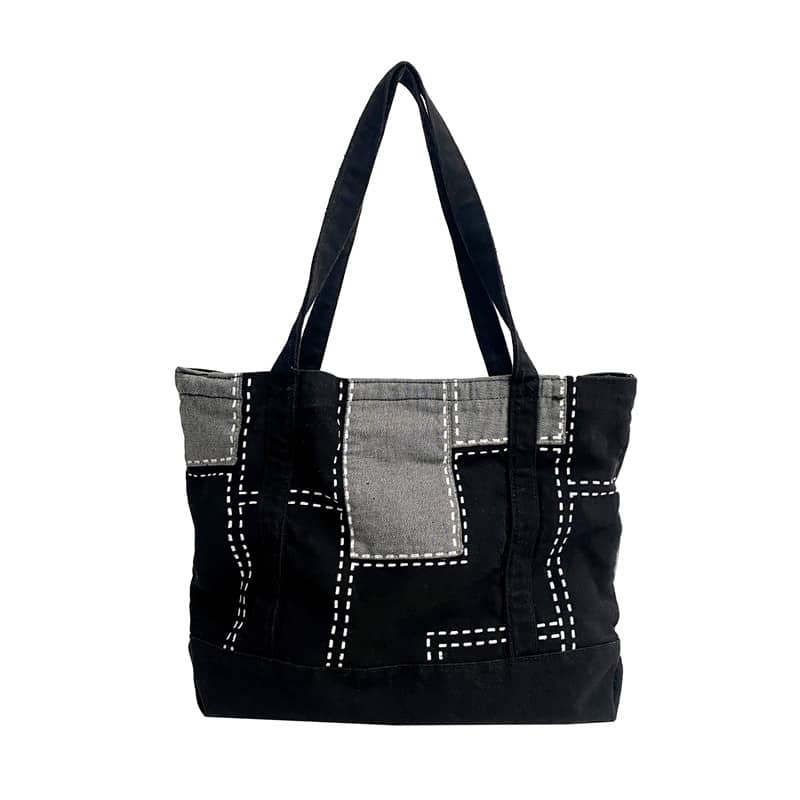 Hand-stitched square wash denim tote bag