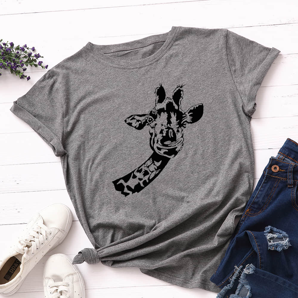 Women's loose creative deer head round neck short sleeve t-shirt Gray / 3XL | IFAUN