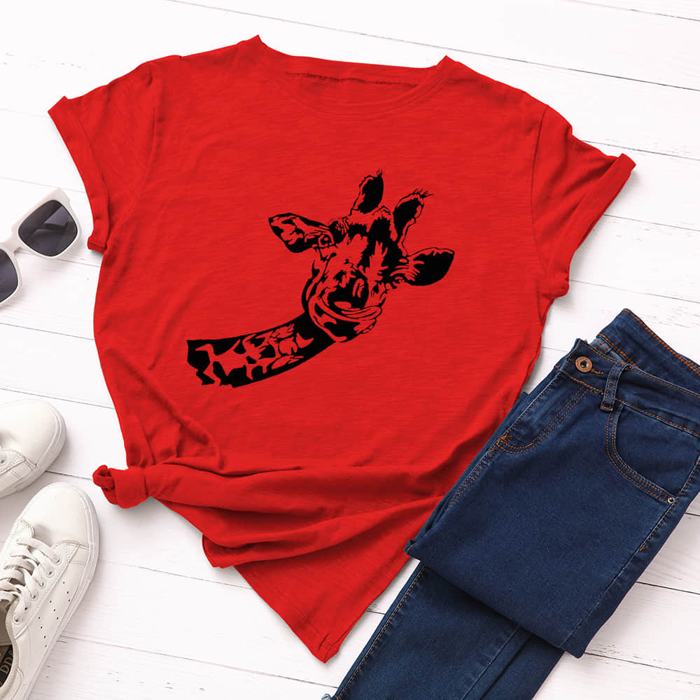 Women's loose creative deer head round neck short sleeve t-shirt Red / 3XL | IFAUN