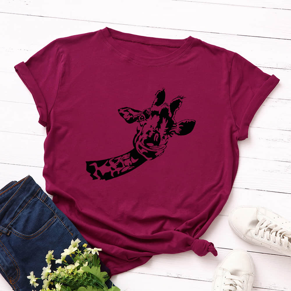 Women's loose creative deer head round neck short sleeve t-shirt DarkRed / 3XL | IFAUN