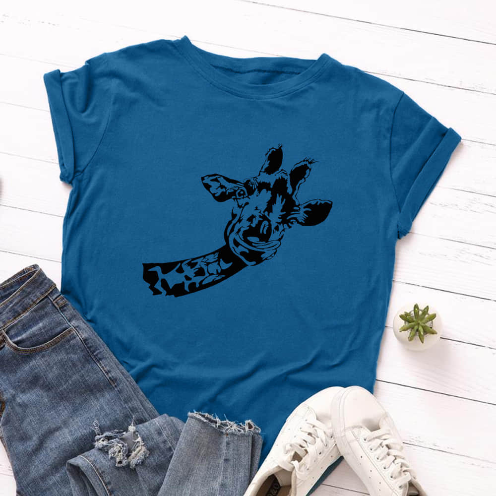Women's loose creative deer head round neck short sleeve t-shirt SteelBlue / 3XL | IFAUN