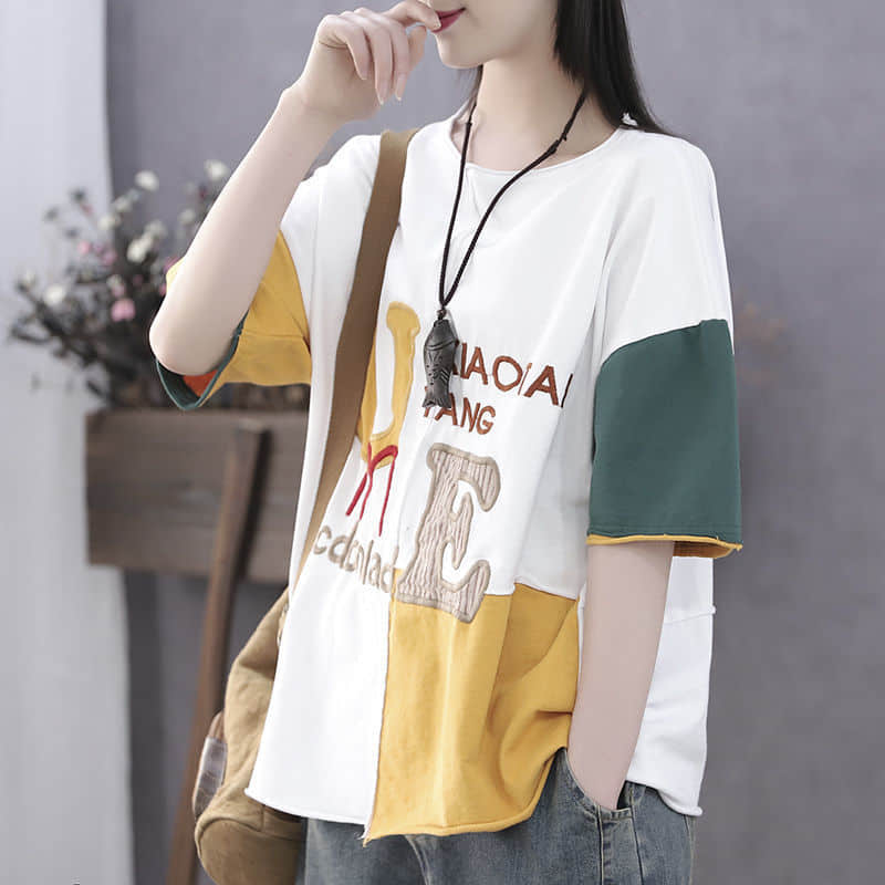 Cotton short-sleeved T-shirt summer plus size stitching top women White / 3XL | IFAUN