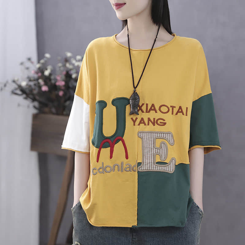Cotton short-sleeved T-shirt summer plus size stitching top women Yellow / 3XL | IFAUN