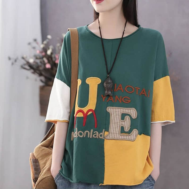 Cotton short-sleeved T-shirt summer plus size stitching top women Green / 3XL | IFAUN
