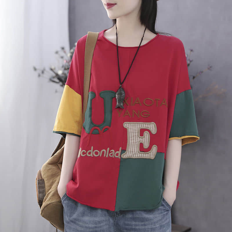 Cotton short-sleeved T-shirt summer plus size stitching top women Red / 3XL | IFAUN