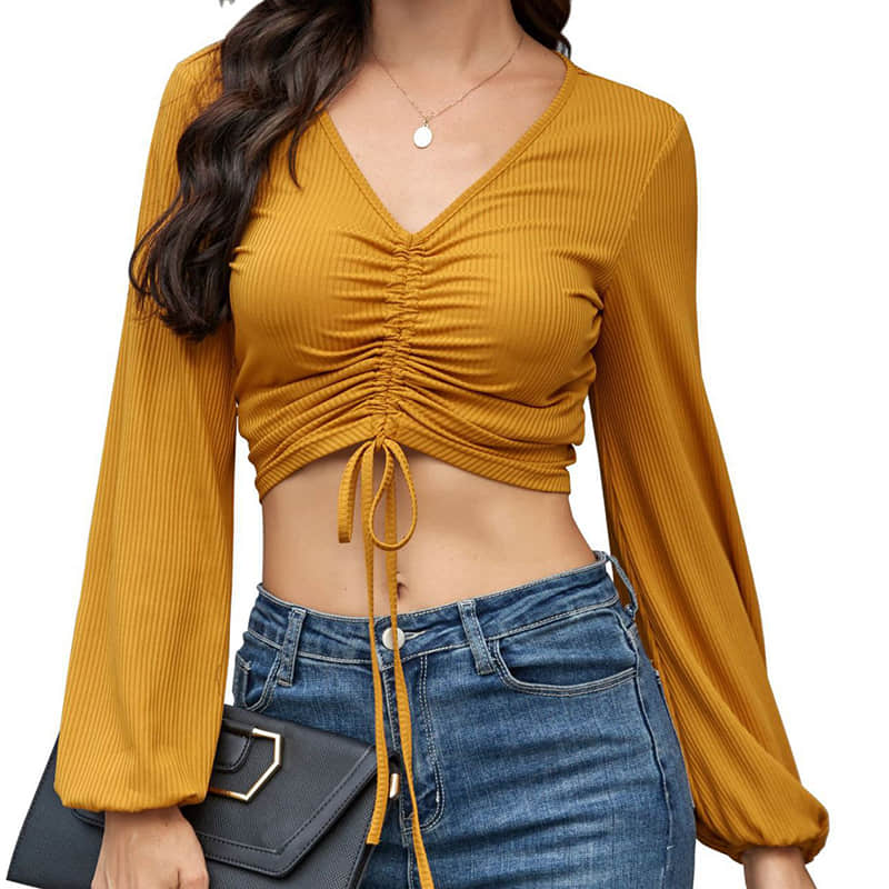 Women's top long sleeve V-neck drawstring T-shirt  | IFAUN