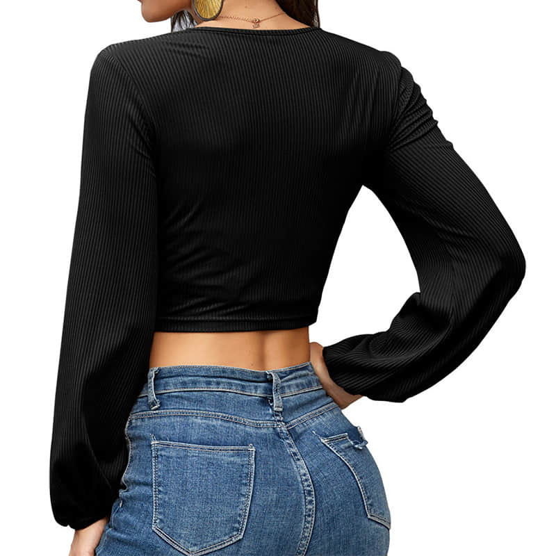 Women's top long sleeve V-neck drawstring T-shirt  | IFAUN