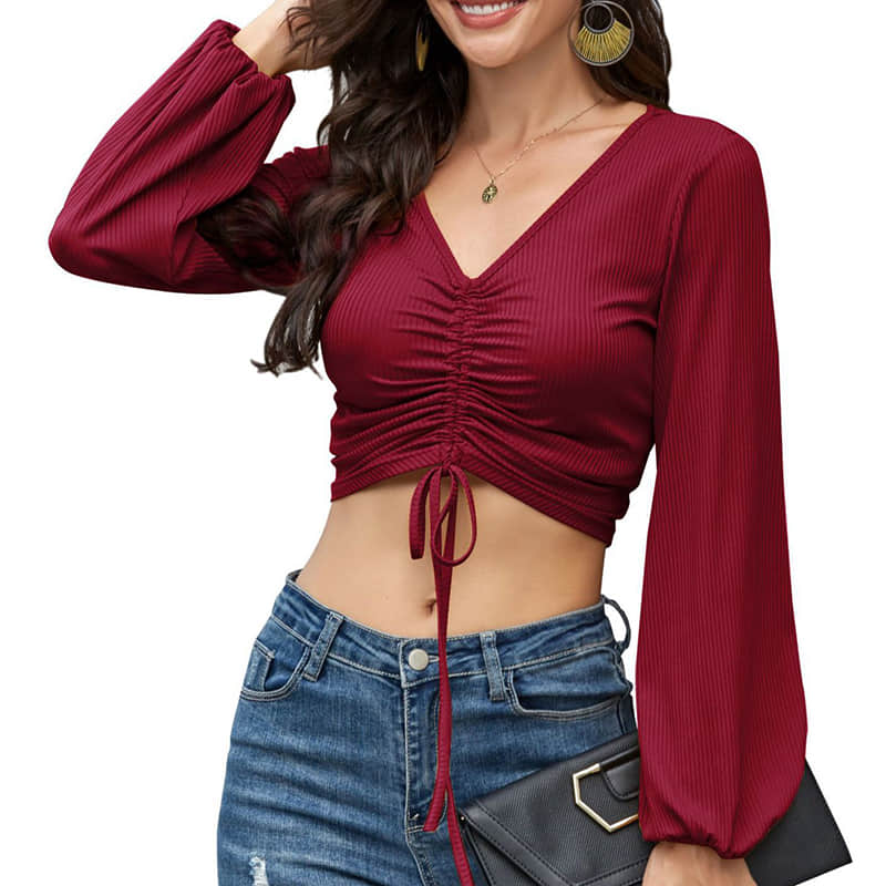 Women's top long sleeve V-neck drawstring T-shirt Red / XL | IFAUN