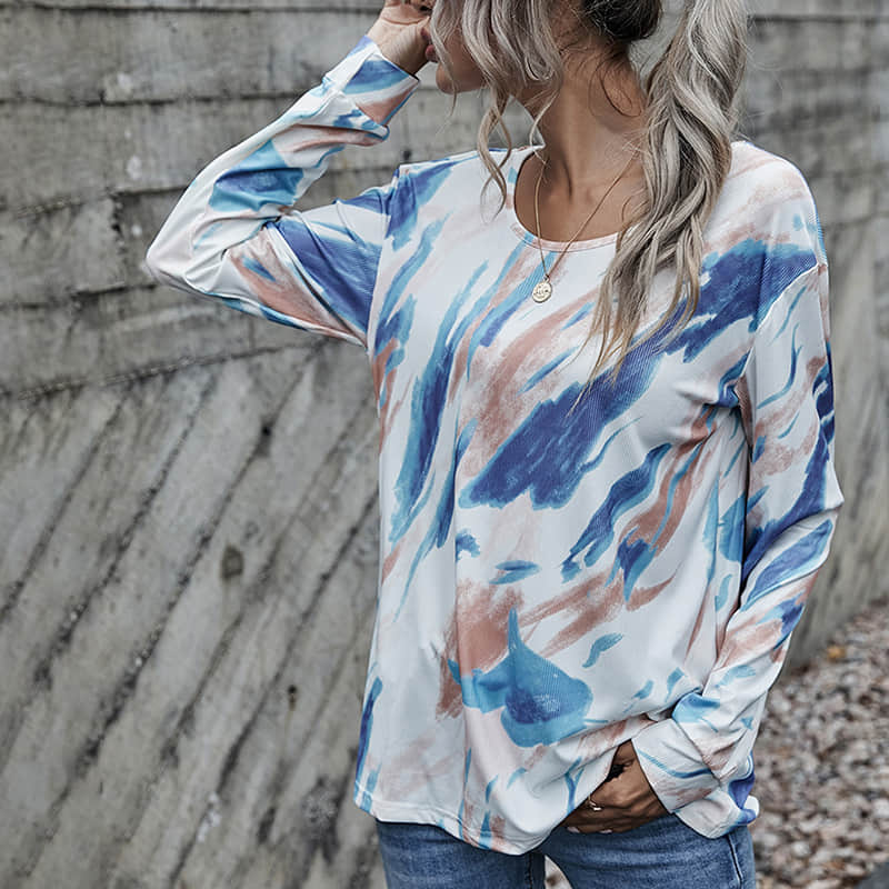 Blue graffiti long-sleeved stitching loose and thin pullover round neck women's T-shirt White / XL | IFAUN