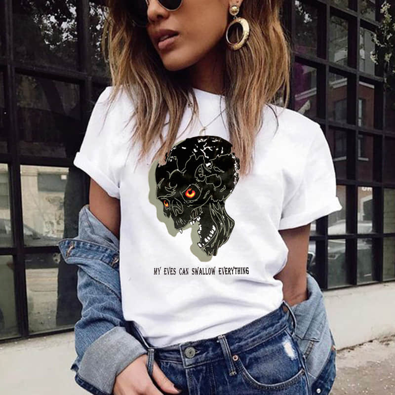 Black hole 3D skull print round neck short sleeve T-shirt women  | IFAUN