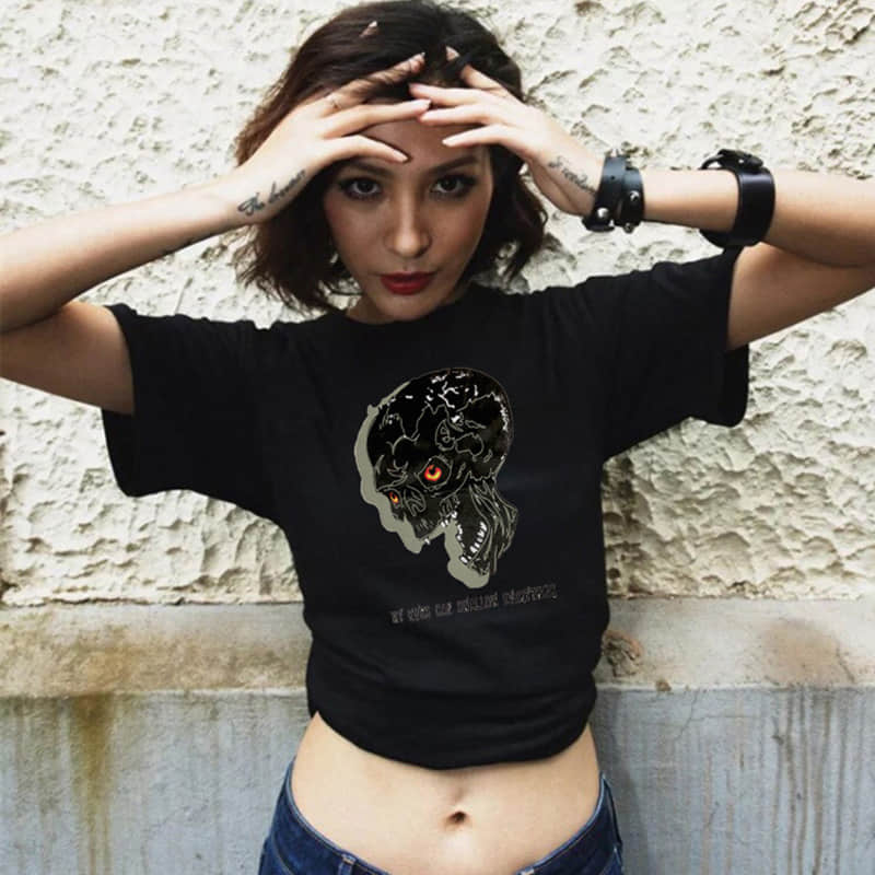 Black hole 3D skull print round neck short sleeve T-shirt women Black / 2XL | IFAUN