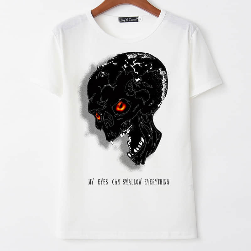 Black hole 3D skull print round neck short sleeve T-shirt women White / 2XL | IFAUN