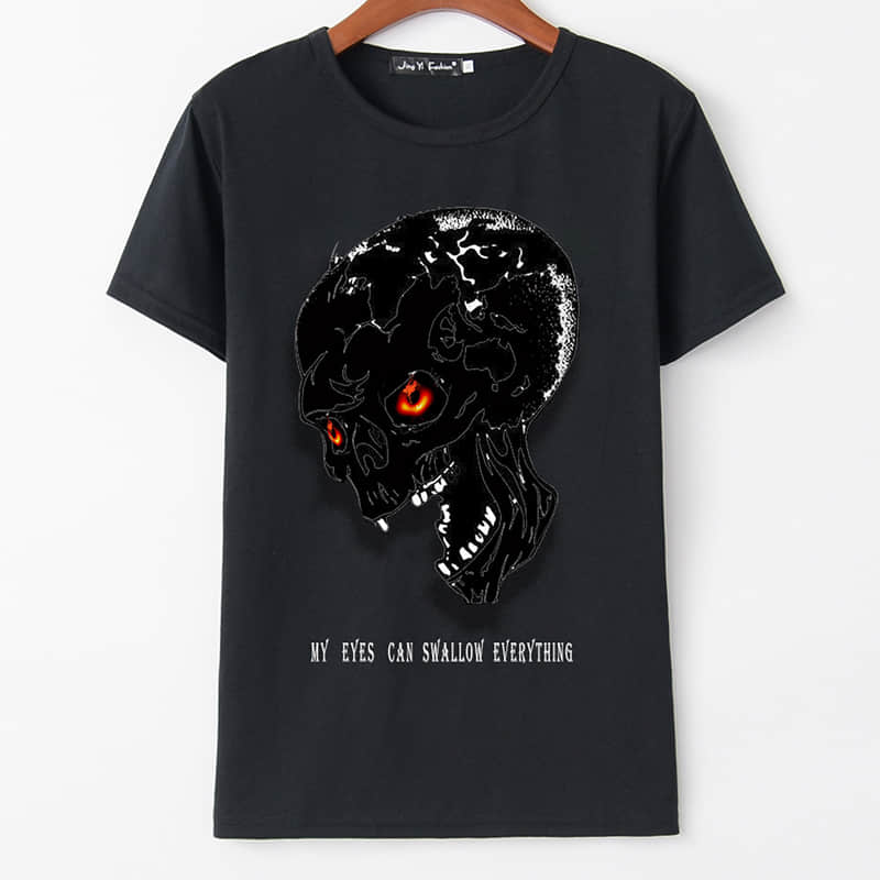 Black hole 3D skull print round neck short sleeve T-shirt women  | IFAUN