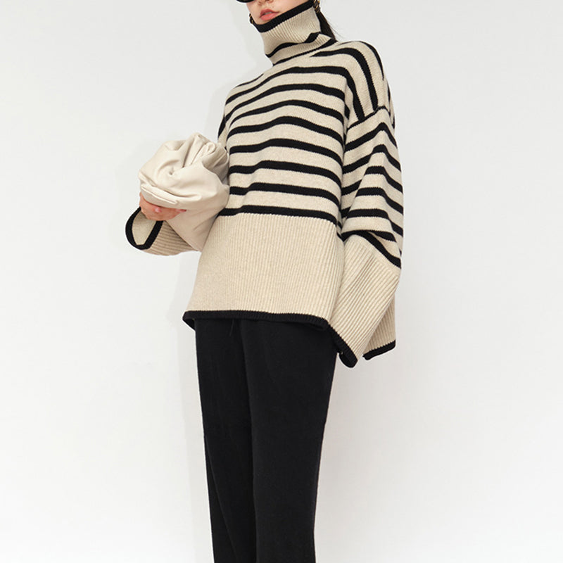 Stripe loose pullover turtleneck sweater - Acrylic