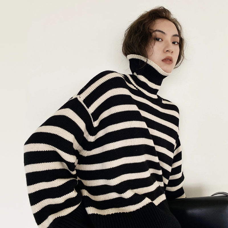 Stripe loose pullover turtleneck sweater - Wool Blend