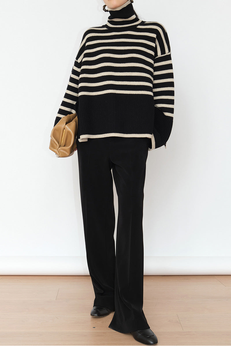 Stripe loose pullover turtleneck sweater - Wool Blend