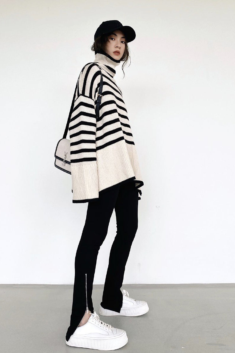 Stripe loose pullover turtleneck sweater - Wool Blend