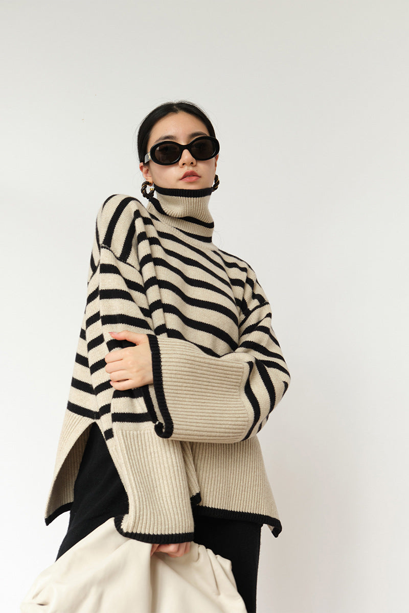 Stripe loose pullover turtleneck sweater - Acrylic