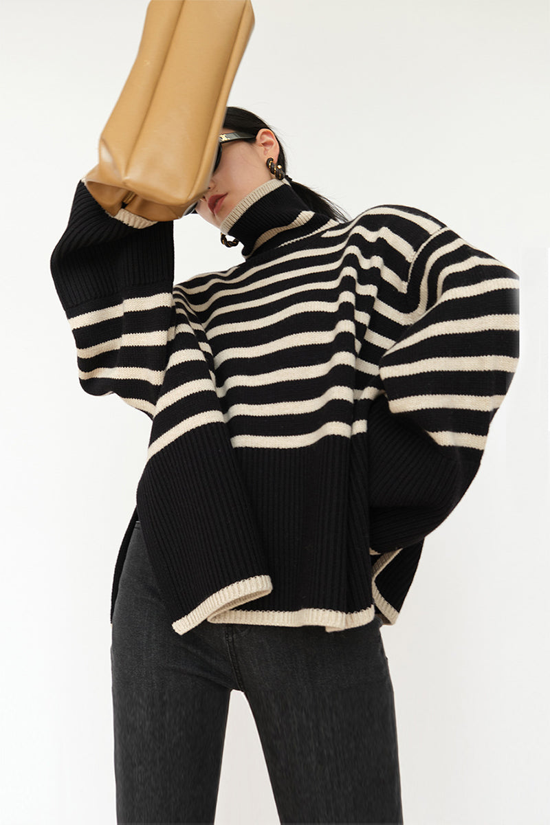 Stripe loose pullover turtleneck sweater - Acrylic