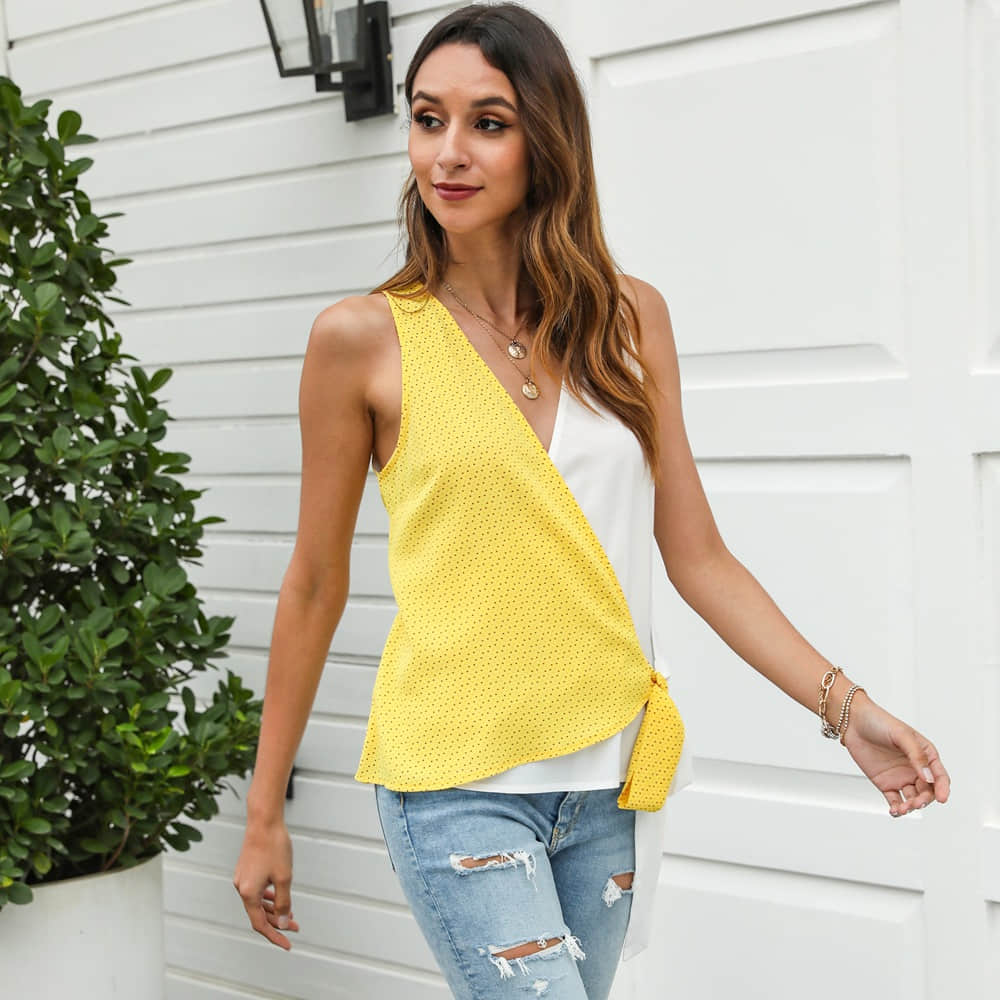 Women's two-tone stitching bow camisole T-shirt  | IFAUN