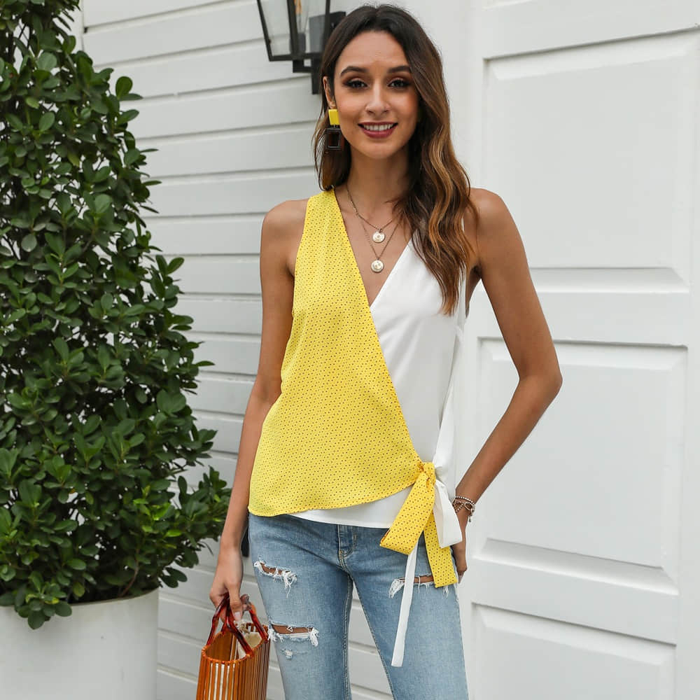 Women's two-tone stitching bow camisole T-shirt  | IFAUN