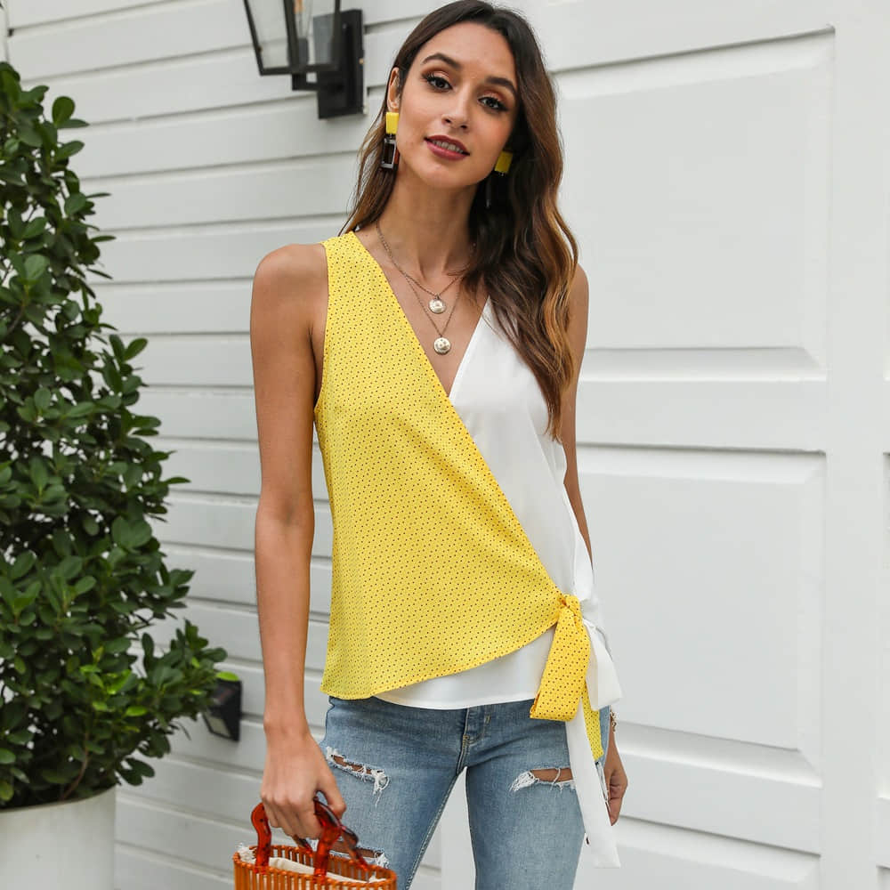 Women's two-tone stitching bow camisole T-shirt  | IFAUN