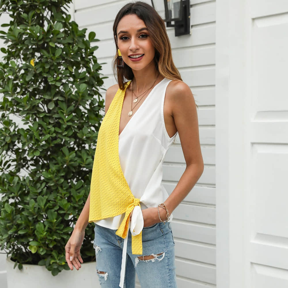 Women's two-tone stitching bow camisole T-shirt Yellow / S | IFAUN