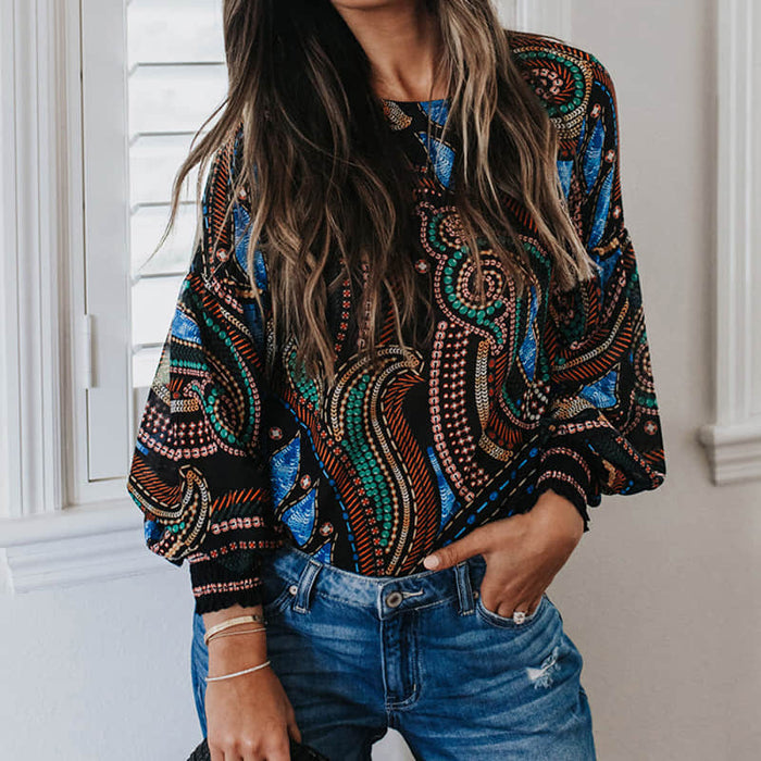 Ethnic Style Printed Chiffon Shirt Women's Long-sleeved Loose Top