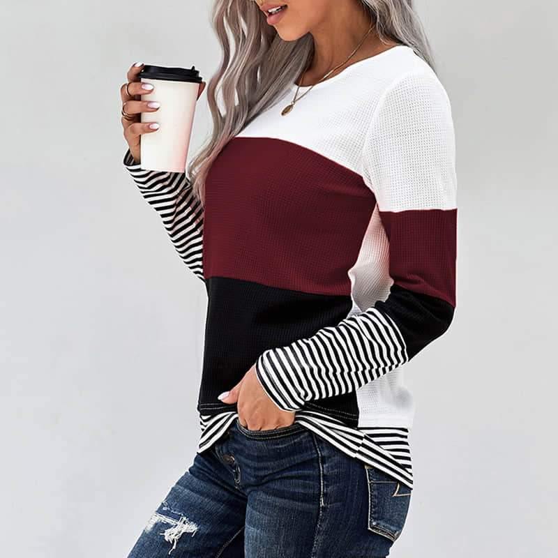 Spring womens stitching long-sleeved top casual T-shirt DarkRed / 2XL | IFAUN