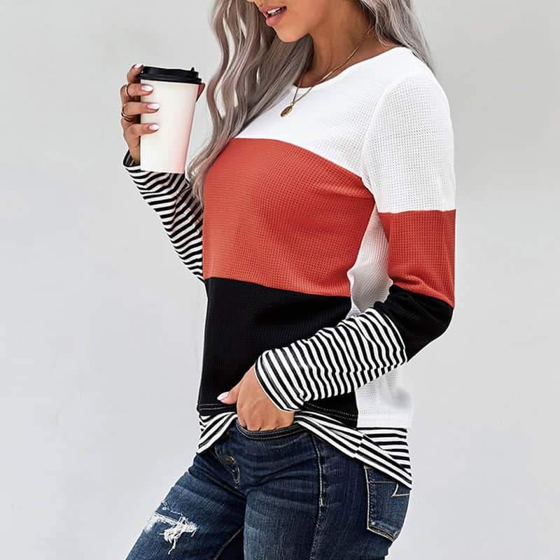2021 Spring womens stitching long-sleeved top casual T-shirt OrangeRed / 2XL | IFAUN